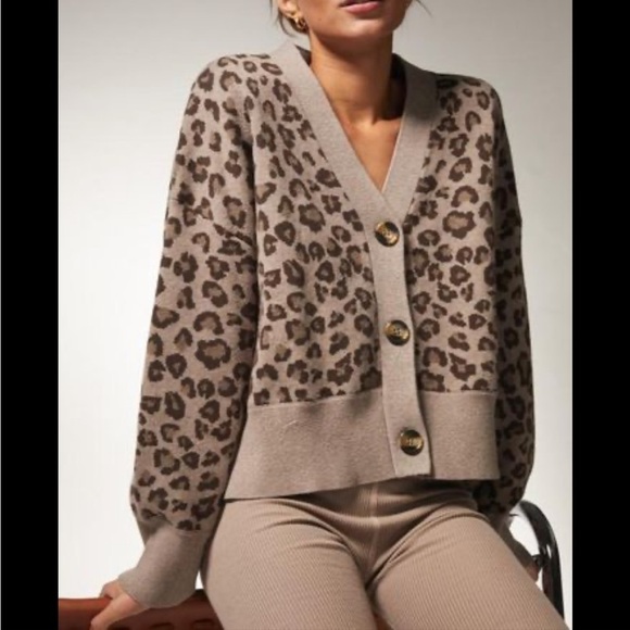 MONROW Oversized Leopard Cardigan Sweater Iced Coffee Brown Tan Sz XS NEW - Picture 1 of 14